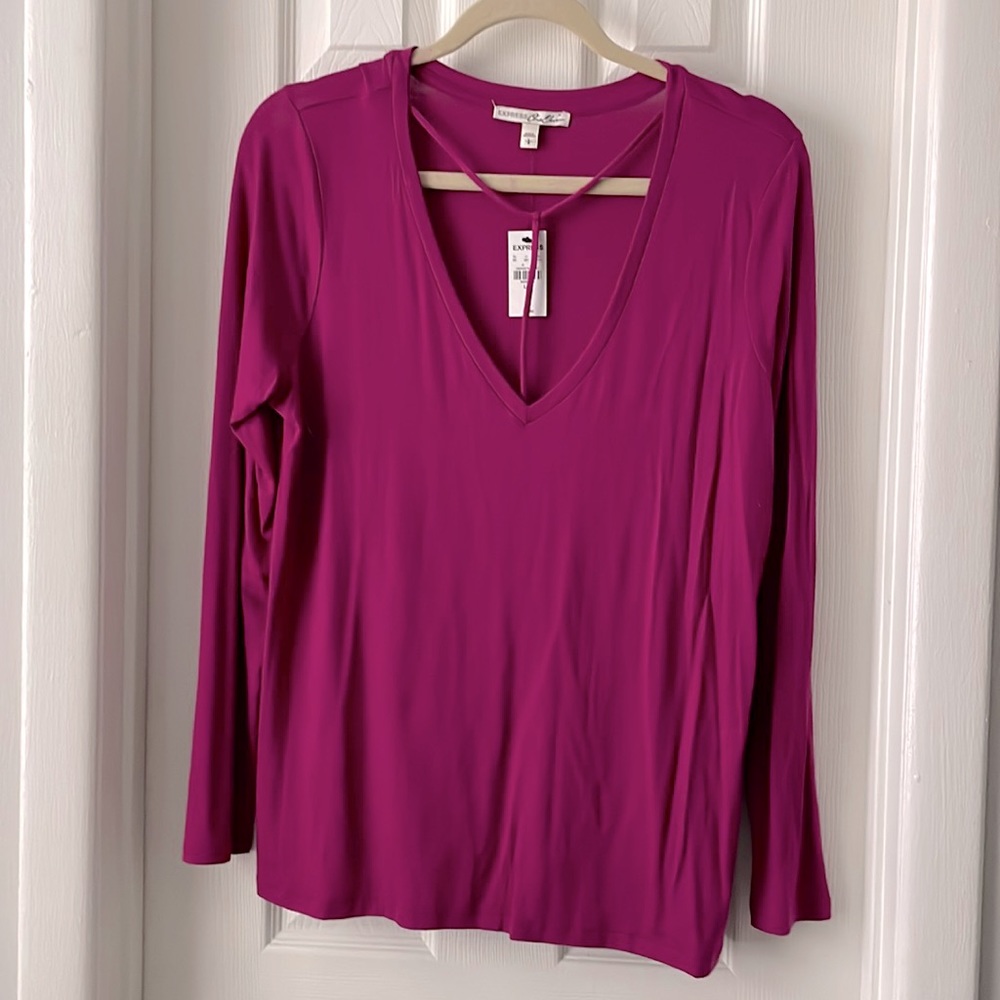 Express hot pink purple One Eleven modal long sleeve strappy v neck too large